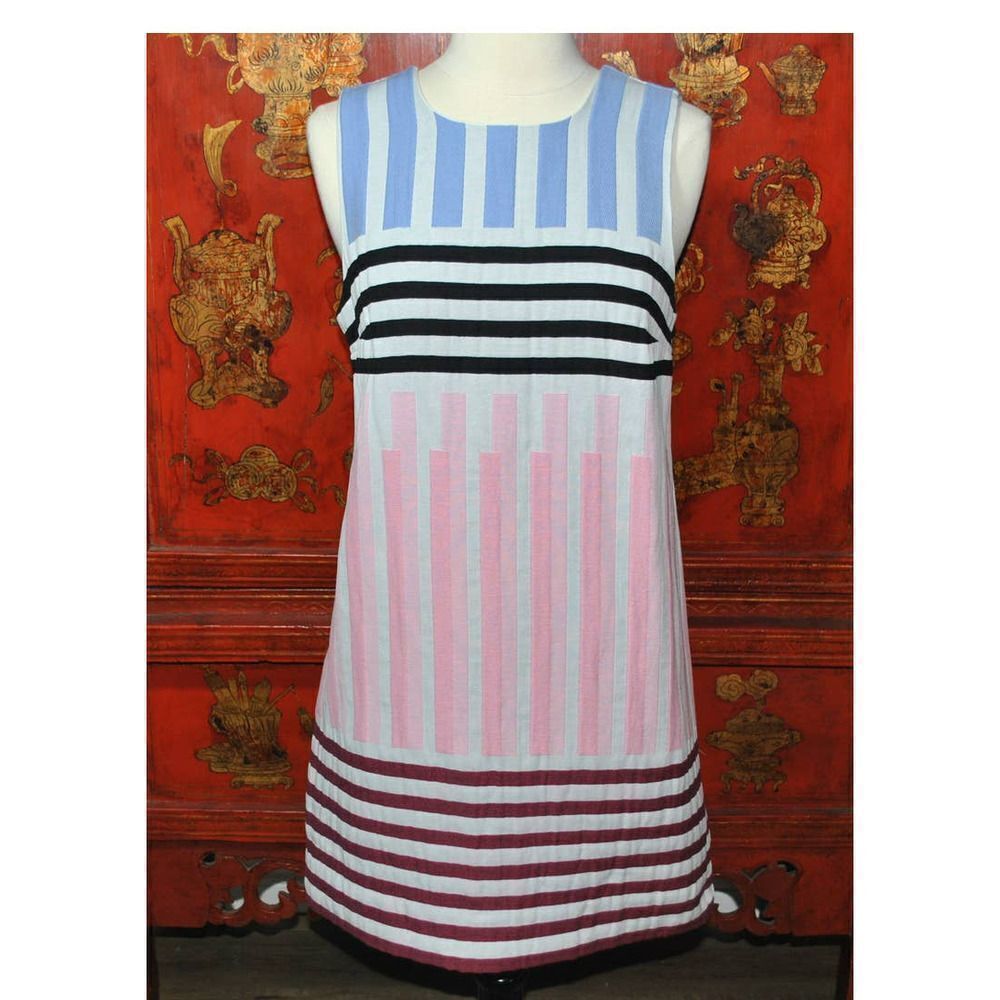 Cop Copine Blue Pink Black White Striped Dress -38 Small